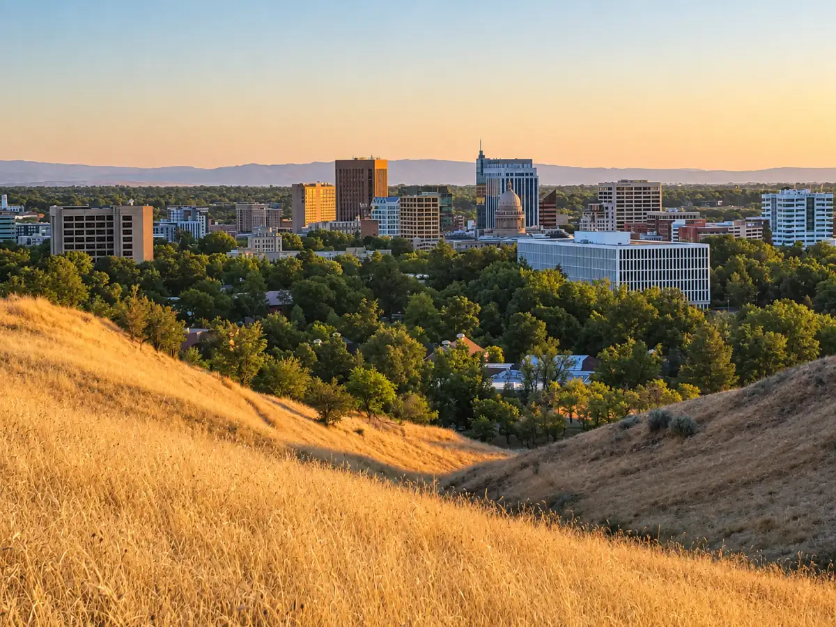 Downtown Boise beyond golden foothills under a pale evening sky