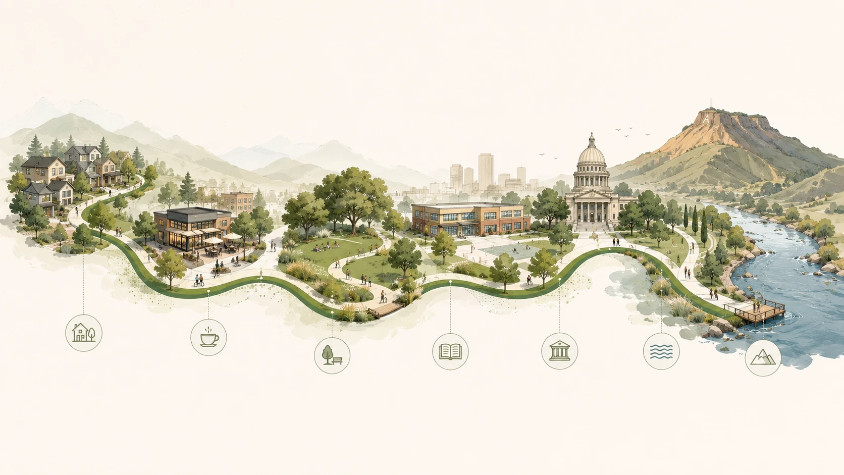 An illustrated green path curves between homes, a café, a park, a library, the Capitol, a river overlook, and Table Rock.