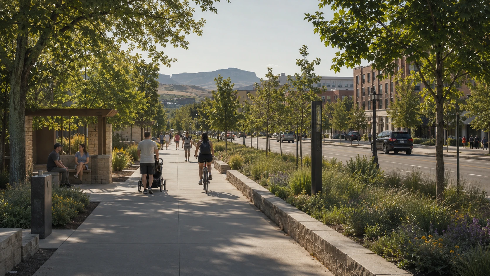 Illustrative concept of a broad, shaded path with people walking and cycling, a parent pushing a stroller, seating, and planting separating the path from the street.