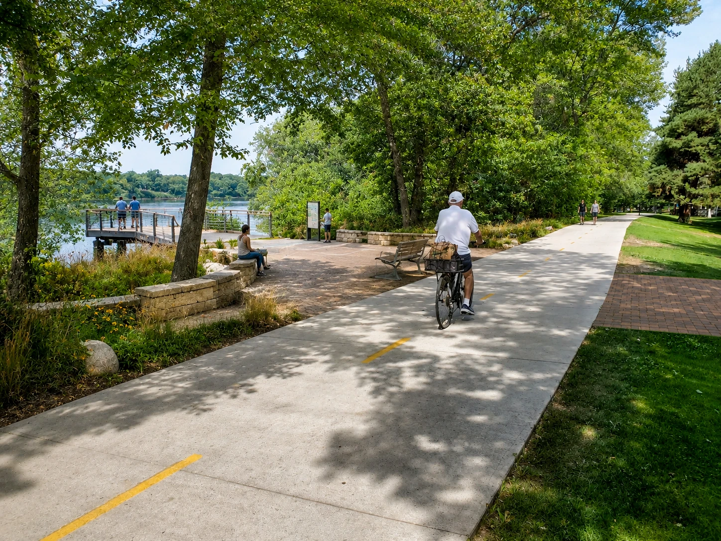 Illustrative river overlook beside the Greenbelt, with a cyclist on the path, people seated beneath mature trees, and a small viewing deck extending toward the water.