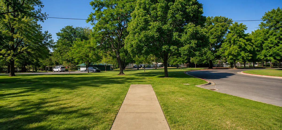 Wide view of a sidewalk ending abruptly in grass near Julia Davis Park in Boise, with trees, a curved road, and the park beyond.