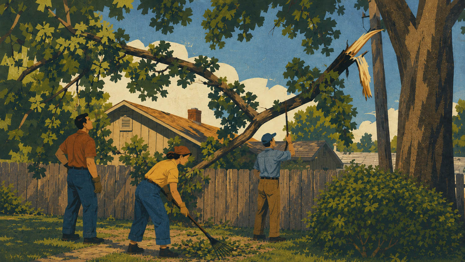 Three neighbors work together in a backyard to clear branches from a large tree damaged by a summer storm.