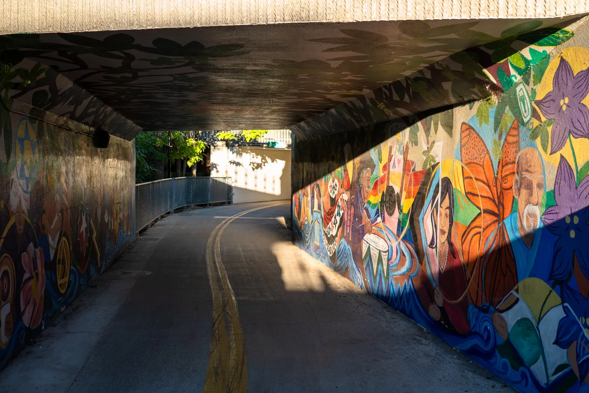 A paved path curves through Boise’s 8th Street tunnel, with colorful murals covering the walls and ceiling.