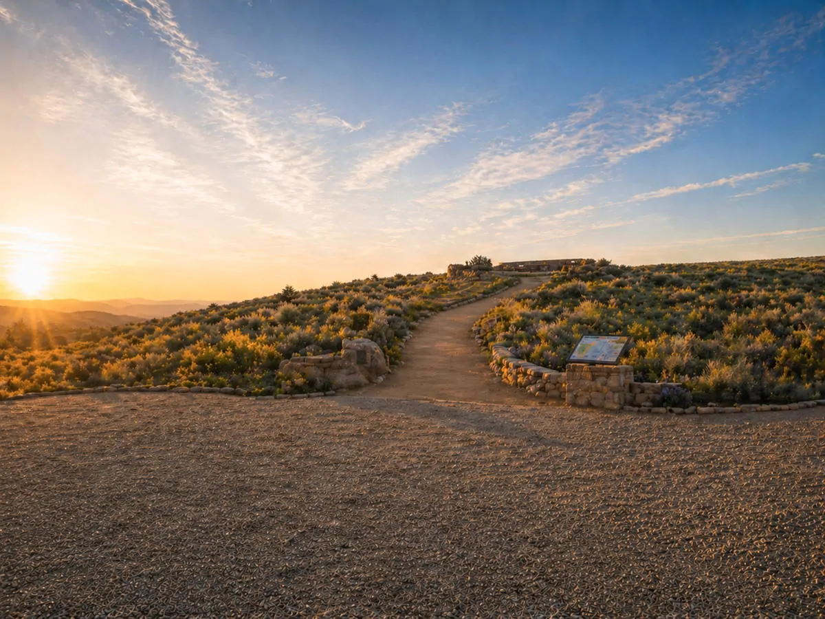 Concept of the Table Rock summit approach at sunset with native high-desert planting, a defined pedestrian path, and a low stone interpretive sign.