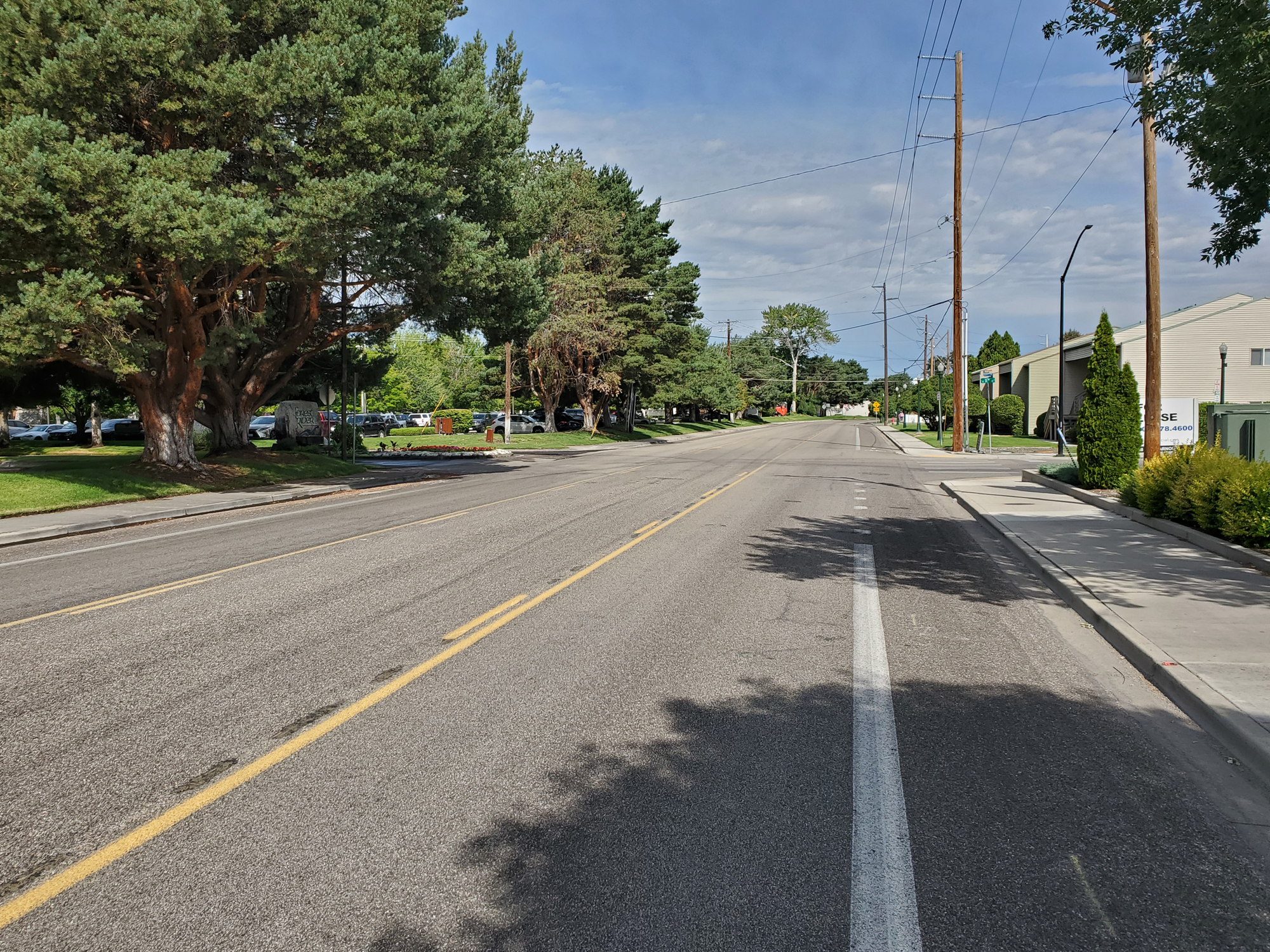 Existing River Street at 11th Street, with a broad asphalt roadway, painted bike lane, narrow sidewalks, mature trees, and utility poles.