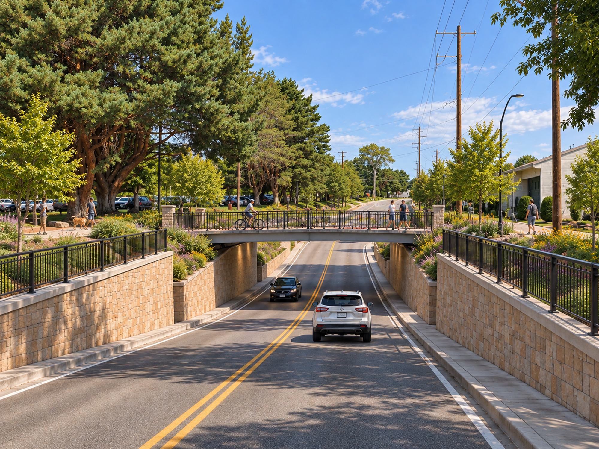 Illustrative concept at 11th and River with the roadway lowered between stone retaining walls and a landscaped crossing above for people walking and cycling.
